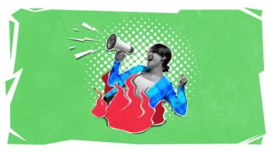 Hareket etmeyi, animasyonu durdurun. Megafonla konuşan genç bir kadın. Yanlış bilgilendirmeyle savaşıyor. Kitle iletişim araçları, ifade özgürlüğü, propaganda, haber, bilgi, yaratıcılık kavramı