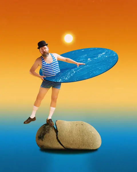 Stock image Man in striped swimsuit and hat stands on cracked rock, holding circular water surface around, set against vibrant sunset background. Contemporary art collage. Concept of summer, vacation, surrealism