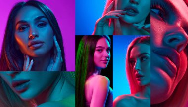 Farklı yüzlerden kolaj. Mükemmel cilde sahip güzel genç kızlar. Neon ışıkta çok renkli arka plan. Cilt bakımı, kozmetik ve kozmetik, güzellik kavramı