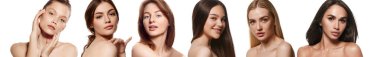 Beyaz arka planda mükemmel ve iyi korunmuş cilde sahip güzel genç kadınlardan yapılmış kolaj. Pankart. Cilt bakımı, kozmetik ve kozmetik, güzellik kavramı