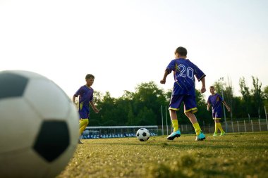 Açık hava stadyumunda futbol oynayan, antrenman yapan mavi üniformalı rekabetçi çocuklara odaklan. Küçük Macera Şampiyonları. Spor, çocukluk, eğitim, başarı, aktif yaşam tarzı kavramı