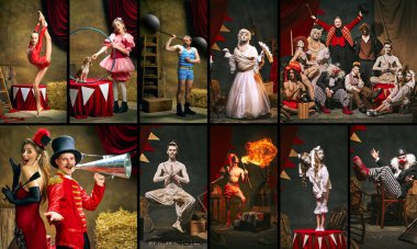 Yaratıcı sirk kolajı çeşitli gösterileri, akrobasileri, güçlü adamı ve canlı kostümler içindeki kaprisli palyaçoları gösteriyor. Sihir ve mucizenin atmosferi. Sirk, tiyatro, gösteri, gösteri, retro konsepti