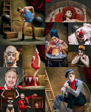 Canlı sirk kolajı güçlü adam, akrobat, falcı, palyaçolar ve sihirbaz, her biri canlı kostümler içinde. Sirk, tiyatro, gösteri, gösteri, retro ve vintage konsepti