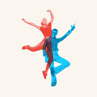 Klasik ve modern dansın canlı bir karışımı, bayan break dansçı ve dinamik pozlarda retro dansçı. Çağdaş sanat kolajı. Dans stili kavramı, performans. Çift pozlama efekti