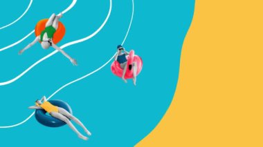 Renkli havuzda mayo giyen kadınlar stilize edilmiş mavi ve sarı arka planda dalgalı beyaz çizgilerle yüzerek gerçeküstü plaj sahneleri yaratıyorlar. Hareket etmeyi, animasyonu durdurun. Yaz, tatil, rahatlama konsepti