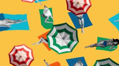 Sahilde güneşlenen, renkli şemsiyeler altında dinlenen, mayo giymiş, tek renkli genç kadınların üst görüntüsü. Hareket etmeyi, animasyonu durdurun. Yaz tatili kavramı. Retro tarzı. Yaratıcı tasarım