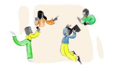 Erkekler ve kadınlar, bardaklı çalışanlar tatilde çalışma stratejilerini ve planlarını canlı bir şekilde tartışıyor. Hareket etmeyi, animasyonu durdurun. İş anlayışı, takım çalışması, ofis hayatı, motivasyon, başarı. Tasarım