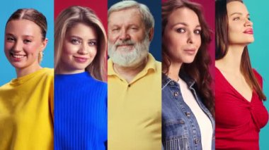 Çok renkli arka planda poz veren güzel genç kadınlar ve kıdemli adamdan oluşan kolaj. İnsan duyguları, yüz ifadesi, yaşam tarzı kavramı