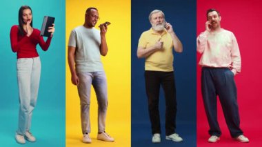 Farklı yaşlardaki kadın ve erkeklerden oluşan kolaj, iş ve iletişim için çeşitli araçlar kullanıyor, çok renkli arka planda. İnsan duyguları, yüz ifadesi, yaşam tarzı kavramı