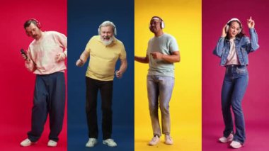 Farklı yaşlardaki kadın ve erkeklerden oluşan kolaj, çok renkli arka plana rağmen kulaklıkla müzik dinliyor. Tam boy. İnsan duyguları, yüz ifadesi, yaşam tarzı kavramı