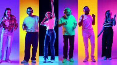 Değişik yaşlardaki kadın ve erkeklerden oluşan kolaj kulaklıkla müzik dinleyip, neon ışığı altında çok renkli arka plana karşı dans ediyor insan duyguları kavramı, yüz ifadesi