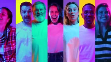 Çeşitli yaş ve milliyetten farklı kadın ve erkeklerden oluşan kolaj neon renkli arka planda pozitif heyecan, mutluluk ve neşe ifade ediyor. İnsani duygular, yüz ifadesi