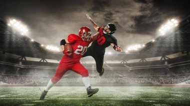 Dinamik aksiyon, rekabetçi erkekler, siyah ve kırmızı üniformalı Amerikan futbolcular zafer için yarışıyorlar. Açık hava stadyumunun 3 boyutlu görüntüsü. Spor, turnuva, yarışma, oyun etkinliği kavramı