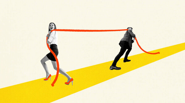 Man and woman, business people pulling red rope, symbolling professional competition, leadership and equal partnership. Contemporary art collage. Concept of business, achievement, challenges — Stock Image Man Woman Business People Pulling Red Rope Symbolling Professional Competition Stock Photo