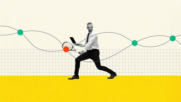 Businessman hitting ball with tennis racket while holding laptop. Dynamic multi-tasking, strategic action and pursuit of goals. Contemporary art collage. Concept of business, achievement — Stock Image Businessman Hitting Ball Tennis Racket While Holding Laptop Dynamic Multi Royalty Free Stock Images
