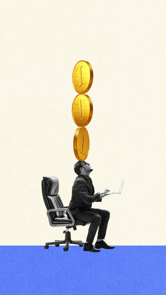 Businessman Sitting Laptop Balancing Stack Coins Head Symbolizing Financial Growth Stock Picture