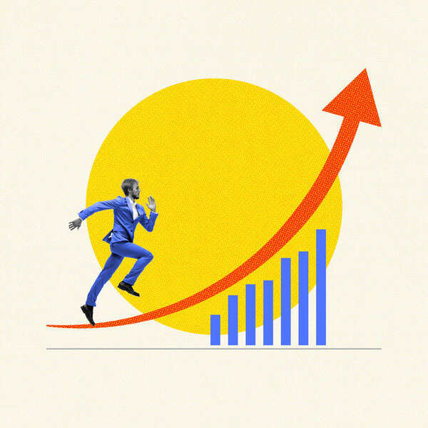 Businessman running on red arrow going upwards bar chart, symbolizing growth, chasing goals and success, dynamic progress. Contemporary art collage. Concept of business, achievement, competitive drive — Stock Image Businessman Running Red Arrow Going Upwards Bar Chart Symbolizing Growth Royalty Free Stock Images
