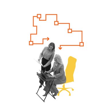 İki iş kadını iş birliği yapıyor, laptop ve belgelerle çalışıyorlar. Akış şeması stratejik planlamayı ve etkili takım çalışmasını sembolize eder. Çağdaş sanat kolajı. İş kavramı, takım toplantısı.