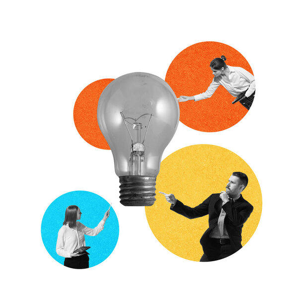 Businesspeople interacting with faded lightbulb. Collaborative effort and problem-solving. Contemporary art collage. Concept of business, team meeting, teamwork and cooperation, brainstorming — Stock Image Businesspeople Interacting Faded Lightbulb Collaborative Effort Problem Solving Contemporary Art Stock Picture