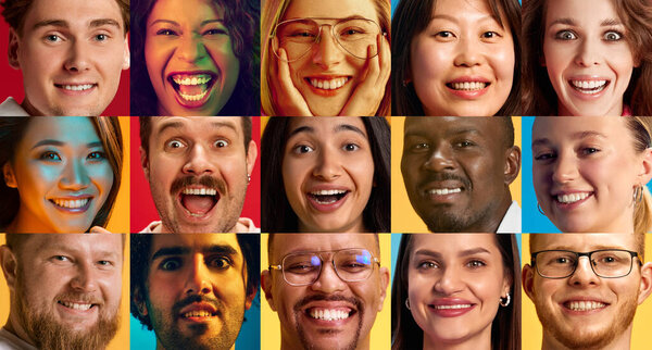 Wow. Collage. Close-up portrait of different people, men and women expressing happiness, joy and excitement, against multicolored background. Concept of human emptions, facial expression, diversity — Stock Image Wow Collage Close Portrait Different People Men Women Expressing Happiness Stock Image