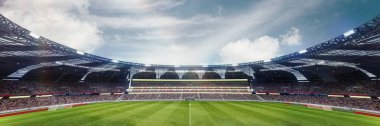 3D futbol stadyumunun boş arenası ve açık hava karşılaşmasını bekleyen spor taraftarları tribünü. Geniş açı. Açık hava sporu, etkinlik, futbol, şampiyonluk, maç kavramı