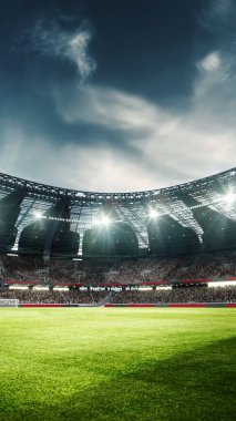 Boş futbol stadyumunun dikey görüntüsü ve açık hava maçını bekleyen spor taraftarlarıyla dolu. 3 boyutlu görüntüleme. Açık hava sporu, etkinlik, futbol, şampiyonluk, maç, oyun alanı kavramı