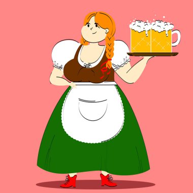 Geleneksel Bavyera kıyafetleri içinde neşeli bir kadın, iki köpüklü bira bardağıyla garsonluk yapıyor, festival sırasında içki servisi yapıyor. Ekim festivali, festival, tatil, bira fabrikası kavramı. Vektör