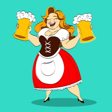 Geleneksel Bavyera kıyafetli neşeli bir kadın, yeşil arka planda iki köpüklü bira bardağı servis ediyor. Ekim festivali, festival, tatil, bira fabrikası kavramı. Vektör illüstrasyonu