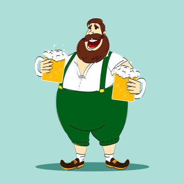 Geleneksel Bavyera kıyafetleri içinde neşeli mutlu sakallı adam açık mavi arka planda köpüklü iki bira bardağı tutuyor. Ekim festivali, festival, tatil, bira fabrikası kavramı. Vektör illüstrasyonu