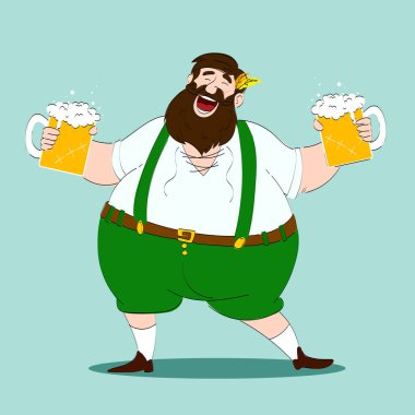 Geleneksel Bavyera kıyafetleriyle gülümseyen sakallı adam açık mavi arka planda köpüklü iki bira bardağı tutuyor. Ekim festivali, festival, tatil, bira fabrikası kavramı. Vektör illüstrasyonu