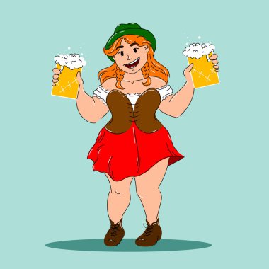 Geleneksel Bavyera kıyafetleriyle gülümseyen kızıl saçlı kadın açık mavi arka planda köpüklü bira bardakları tutuyor. Ekim festivali, festival, tatil, bira fabrikası kavramı. Vektör illüstrasyonu