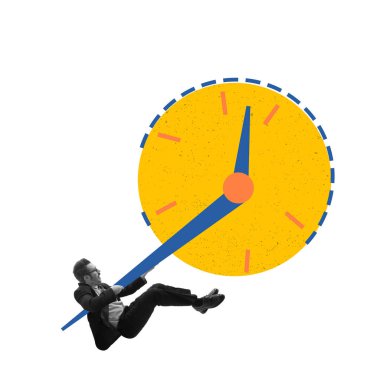 İnsan zamanla etkileşime girer, zaman yönetimini, planlama ve zamanlamayı, verimliliği ve optimizasyonu sembolize eder. Çağdaş sanat kolajı. İş kavramı, tedarik zinciri, ulaşım, lojistik