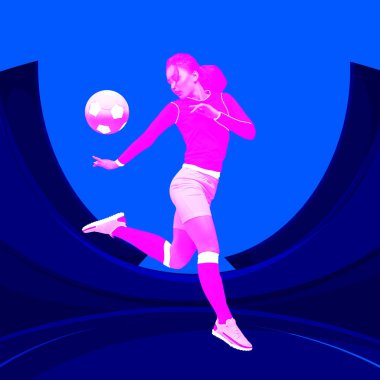 Dinamik bayan futbolcu hareketli, canlı, mavi, soyut arka plana karşı. Yüksek kontrastlı pop sanat tarzı. Çağdaş sanat kolajı. Spor kavramı, rekabet, oyunlar, turnuva