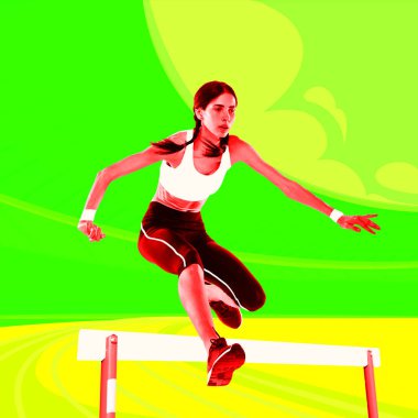 Engelli atlamadaki kadın sporcu, yeşil ve sarı renklerin canlı ve soyut karışımına karşı engelin üzerinden atlıyor. Dinamik pop sanat tarzı. Çağdaş sanat. Spor kavramı, rekabet, oyunlar, turnuva
