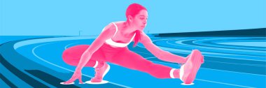 Genç bir kadın, yarışmadan önce esneyen ve ısınan bir sporcu soyut mavi pist üzerinde koşuyor. Çağdaş sanat kolajı. Spor kavramı, rekabet, oyunlar, turnuva