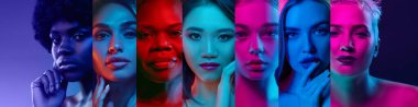 Kolaj. Farklı yaş ve milliyetten güzel kadınlar neon ışıkta, çeşitlilikte ve güzellik standartlarının eşitliğinde çok renkli arka plana karşılar. Kadın güzelliği kavramı. Pankart