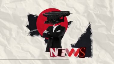 Hareket etmeyi, animasyonu durdurun. Klasik daktilo kafalı bir adam. Gazeteci, bilgi yayılıyor. Yaratıcılık kavramı, kitlesel medya etkisi, işgal, iş, haber ve propaganda