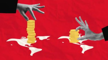 Hareket etmeyi, animasyonu durdurun. Bozuk para dağıtan insan elleri, sosyal bütçe. Yolsuzlukla mücadele. Ekonomi, siyaset, yolsuzluk ve rüşvet meselesi, yalan, sahtekarlık, iş ve finans kavramı