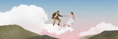 Bulutların üstünde dans ediyorum. Şık bir genç adam ve kadın, dağ zirveleri arasında zarif bir şekilde dans eden çift. Aşk ve özgürlük. Çağdaş sanat kolajı. Sürrealizm ve yaratıcılık kavramı, retro tarzı