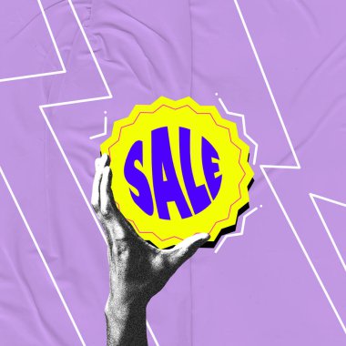 Erkek eli, soyut mor arka planda kelime satışı yapan dev ve renkli bir elementi tutuyor. Düşük fiyattan alışveriş zamanı. Çağdaş sanat kolajı. Kara Cuma ve Siber Pazartesi kavramı