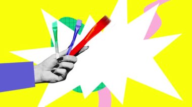 Kadın eli resim yapmak için farklı fırçalar tutuyor. Sanatçı. Yeni teknikler çalışmak, aktivite çizmek. Hareket etmeyi, animasyonu durdurun. Uluslararası eğitim günü kavramı, bilgi. Renkli tasarım