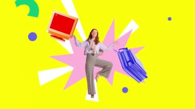 Bilgisayar ve kitapla dengede duran genç bir kadın çevrimdışı ve çevrimiçi eğitimin kombinasyonu. Hareket etmeyi, animasyonu durdurun. Uluslararası eğitim günü kavramı, bilgi. Renkli tasarım