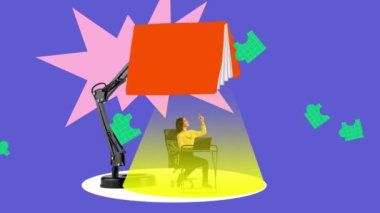 Genç bir kadın masada oturuyor, dizüstü bilgisayarla çalışıyor, çalışıyor ve yeni bilgiler öğreniyor. Online dersler. Hareket etmeyi, animasyonu durdurun. Uluslararası eğitim günü kavramı, bilgi. Renkli tasarım