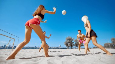 Genç insanlar, erkekler ve kadınlar, plajdaki arkadaşlar açık mavi gökyüzünün altında oynayan bir plaj voleybolu maçında tamamen meşgul olurlar. Spor anlayışı, yaz etkinliği, eğlence oyunları, arkadaşlık.