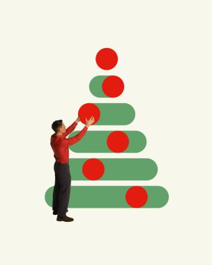 Man placing red circles onto stylized green tree made of horizontal bars. Strategy, building success step by step, just like decorating a Christmas tree. Contemporary art collage. Concept of business clipart