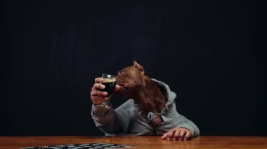 Kahverengi pitbull, insan vücudu elementi olan safkan köpek siyah arka planda koyu biranın tadını çıkarıyor. Oktoberfest, parti, bar ve restoran. Hayvan ve içecek kavramı