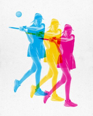Genç bir kadın, tenis oyuncusu, birden fazla mavi, sarı ve pembe kaplamalı, oyundaki odak ve hareketi yakalıyor. Çağdaş sanat kolajı. Spor anlayışı, aktif ve sağlıklı yaşam tarzı, rekabet