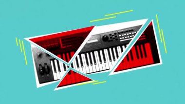 Piyanonun mavi arkaplana karşı yaratıcı görüntüsü. Geometrik şekiller. Hareket etmeyi, animasyonu durdurun. Müzik anlayışı, performans, festival. Pop sanat. Yaratıcı tasarım.