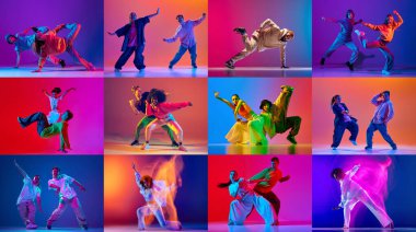 Kolaj. Genç insanların dinamik hareketleri, neon ışıkta çok renkli arka planda hip hop dansı yapan kadın ve erkekler. Sanat anlayışı, koreografi, yaratıcılık. Pankart, ilan, ilan