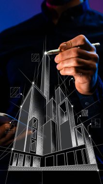 İş büyümesini ve kentsel kalkınmayı sağlayan iddialı gayrimenkul projelerini temsil eden yüksek bina konsepti çizildi. Çağdaş sanat kolajı. Yatırım ve finans kavramı